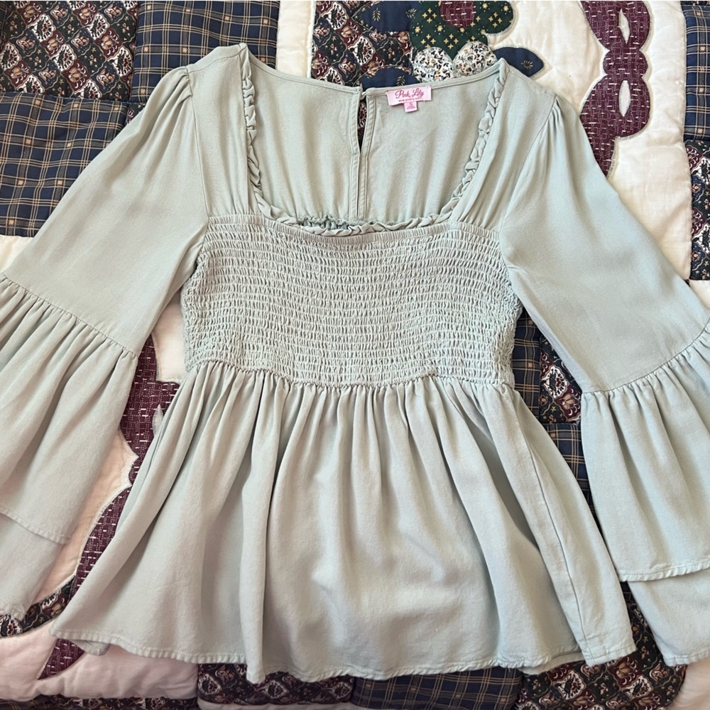 Pink Lily Light Green Smocked Blouse